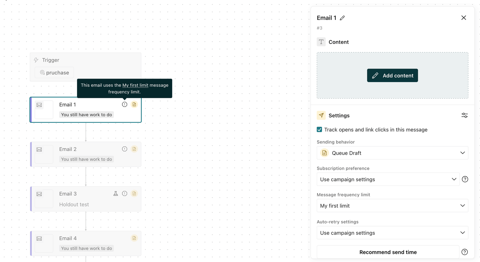 Message frequency limit icon on a workflow action