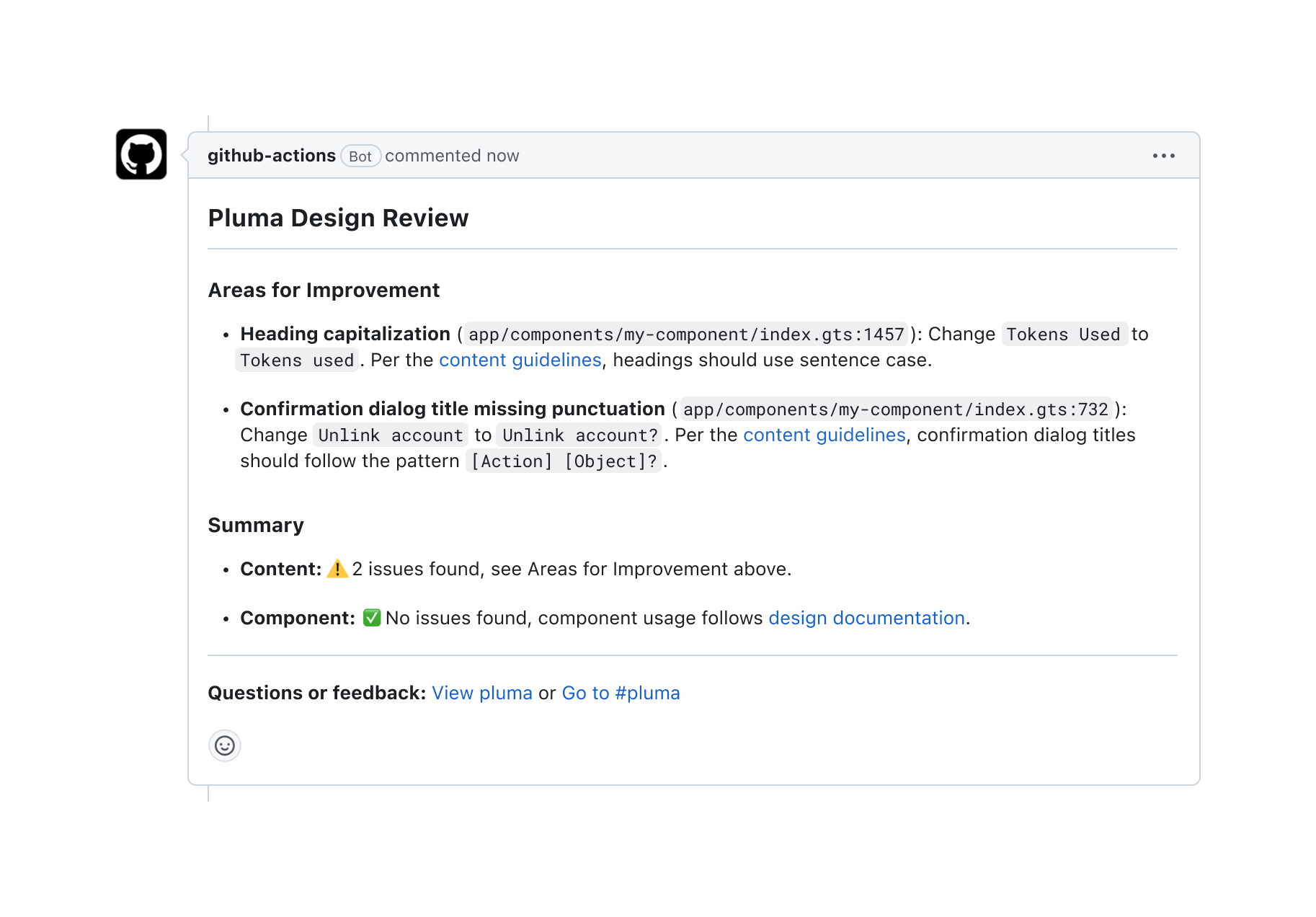 Design system bot comment on a pull request